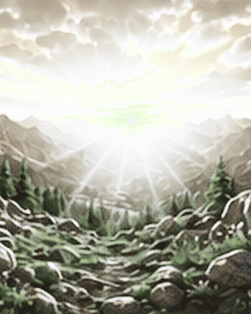 Mountain stream with sunlight breaking through the clouds